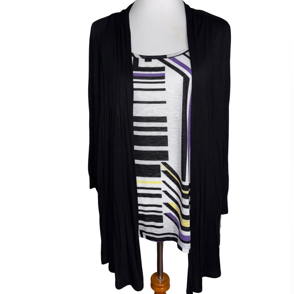 New Directions Black Cardigan Striped Tank Top